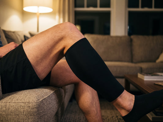 Manchon de compression enfilé sur le mollet, à comparer aux bottes de pressothérapie