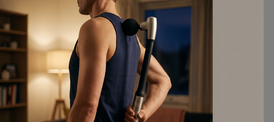 Pistolet de massage percussif appliqué sur le trapèze, à comparer au foam roller