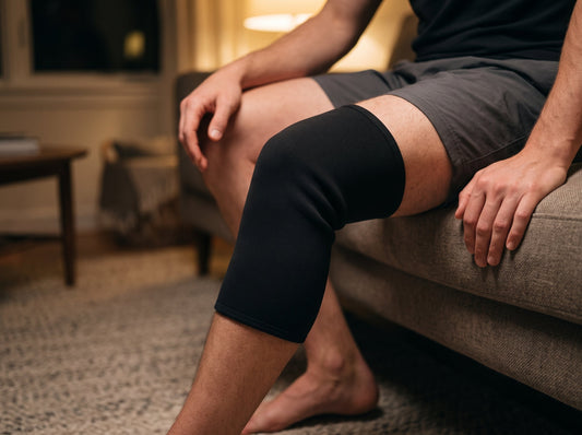 Manchon de compression gel froid enfilé sur le genou, alternative au bain froid
